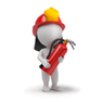 3d small people - fireman with the fire extinguisher and in a helmet. 3d image. Isolated white background.